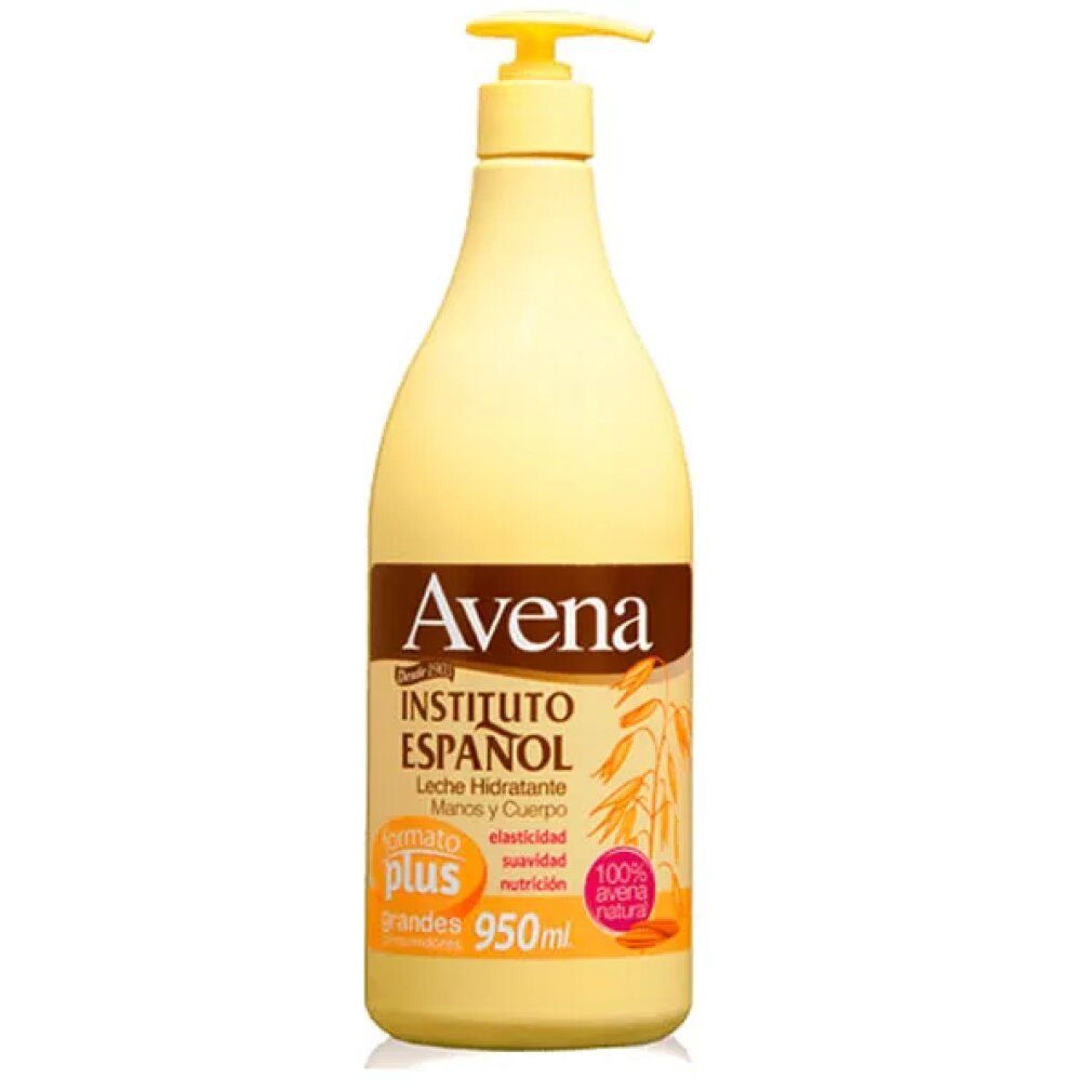 Flacone beige con dosatore. Scritta: Instituto Español Avena, Leche Hidratante. 950ml. Illustrazione di avena.