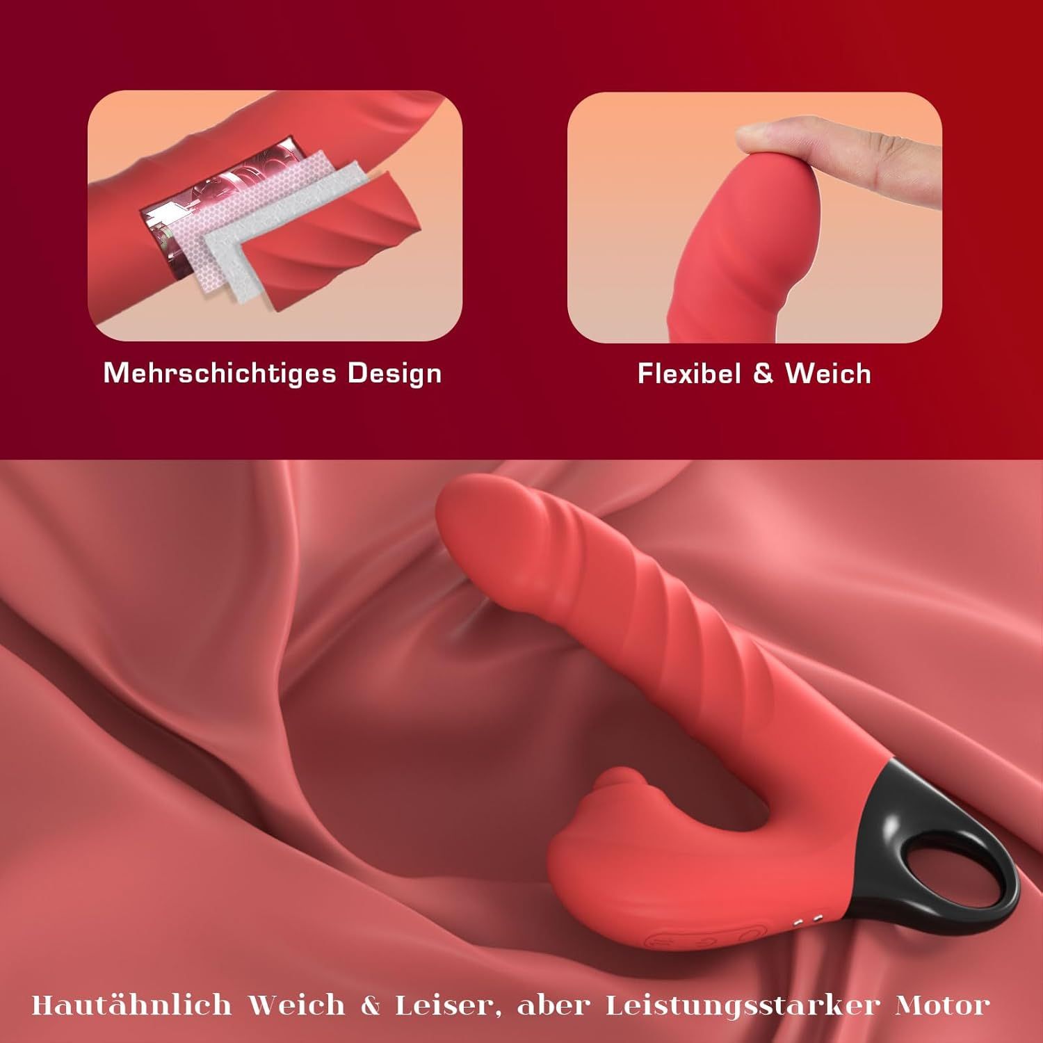 Vibratore dildo rosso. Design multistrato, flessibile e morbido. Testo: Morbido e silenzioso come la pelle, ma motore potente.