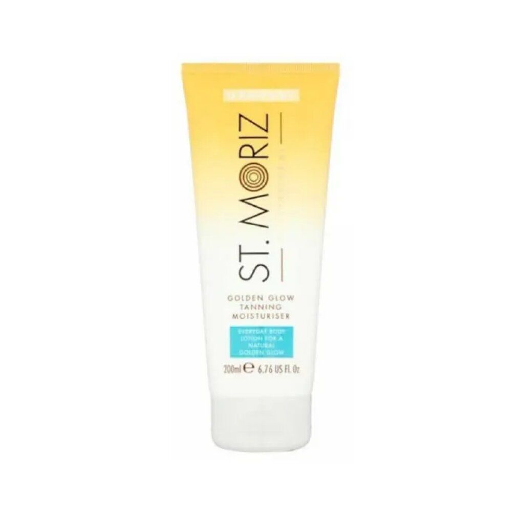 Tubo di St. Moriz Golden Glow Tanning Moisturiser. Sfumatura giallo-bianca, nome del prodotto e dettagli. 200ml.