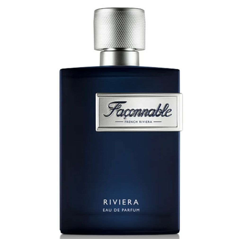 Flacone blu scuro con tappo argentato. Scritta: Façonnable Riviera Eau de Parfum.