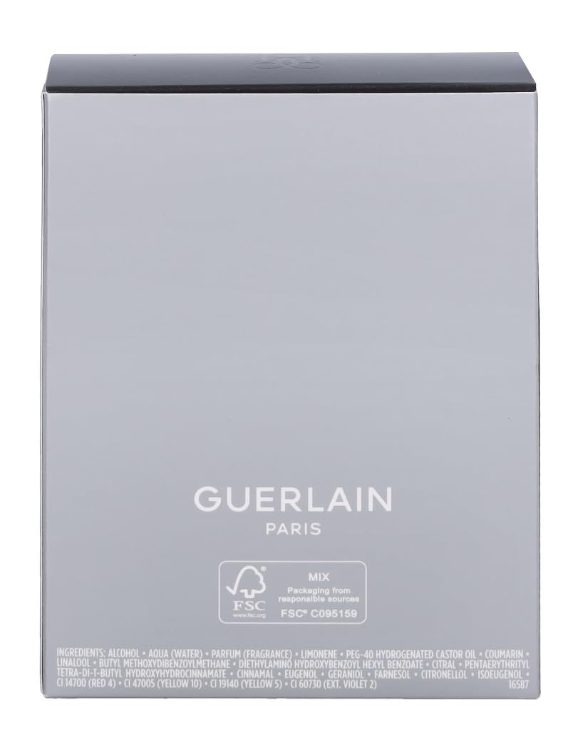 Confezione grigia con logo Guerlain. Certificazione FSC. Testo: Ingredienti. Parte inferiore della confezione.