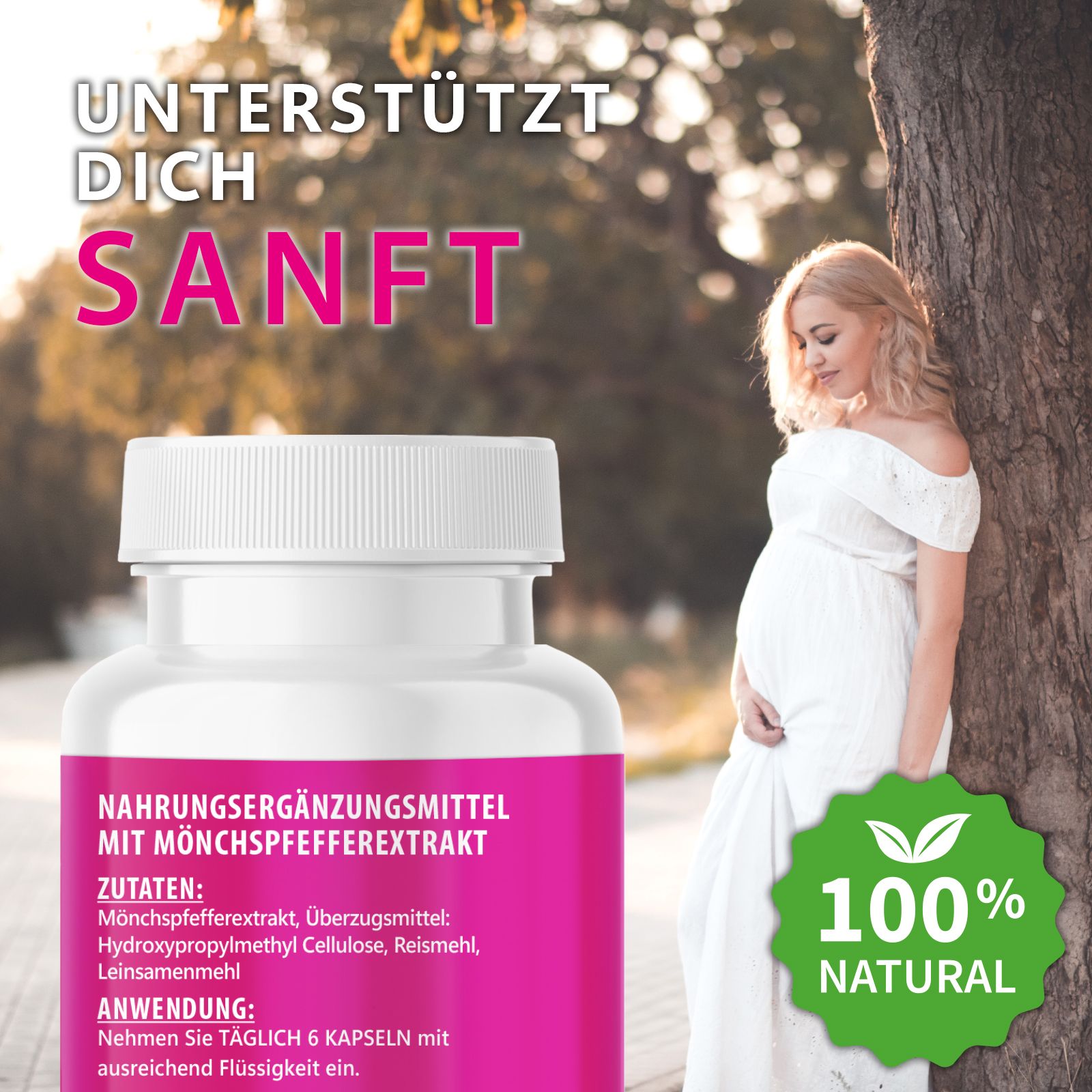 Donna incinta appoggiata a un albero. Testo: Ti supporta delicatamente. Logo: 100% Naturale. Flacone con etichetta.