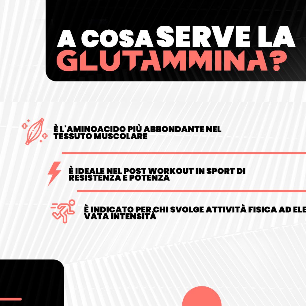 Infografica: A cosa serve la Glutammina? Amminoacido nel tessuto muscolare, ideale post allenamento, per attività fisica intensa.