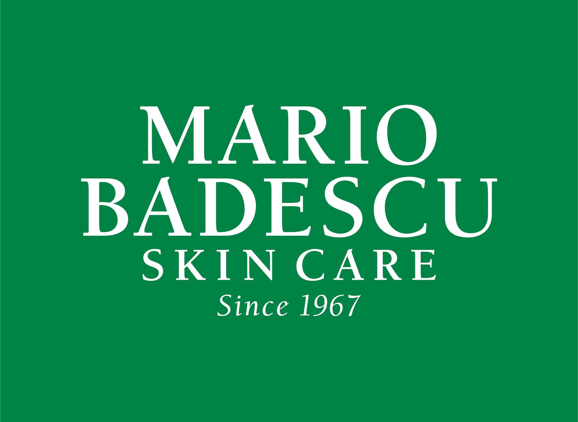 Sfondo verde con logo bianco "MARIO BADESCU SKIN CARE" e "Since 1967".