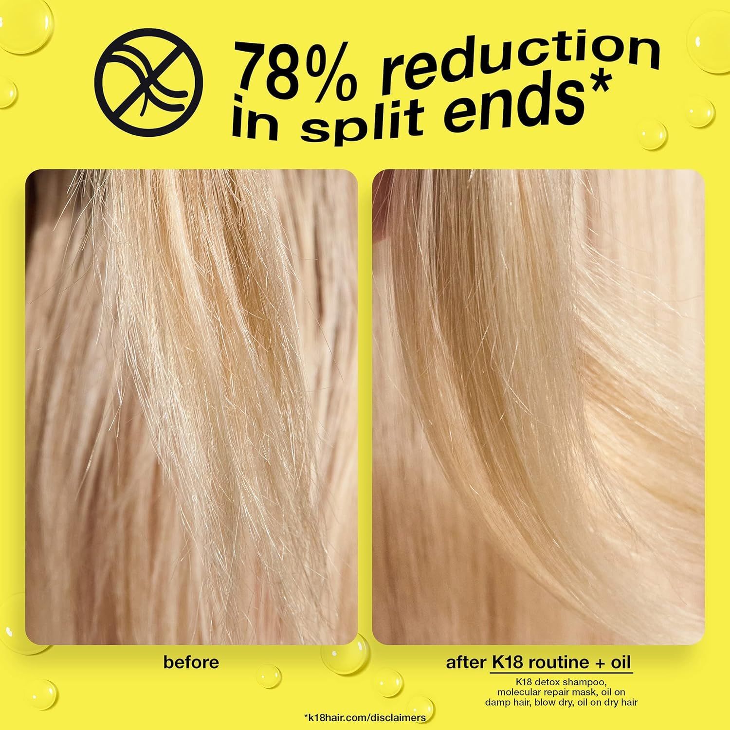Confronto capelli prima e dopo K18. Testo: 78% riduzione delle doppie punte.