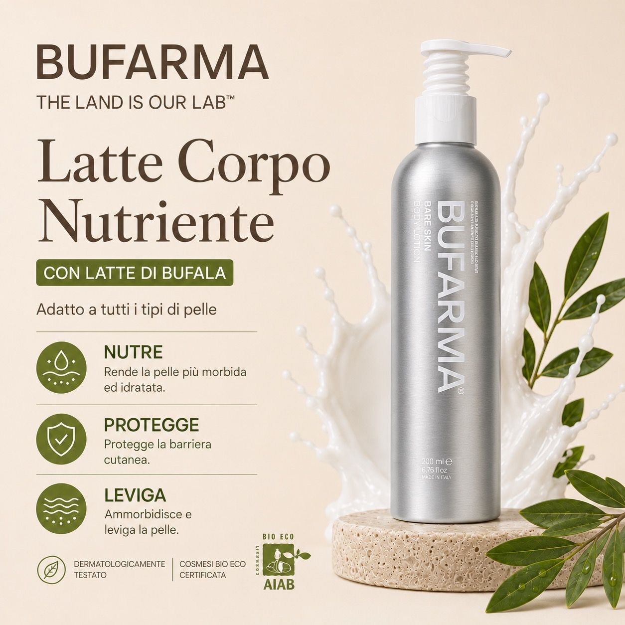 Flacone su pietra, circondato da foglie. Testo: Latte Corpo Nutriente, con latte di bufala. Certificazione AIAB.