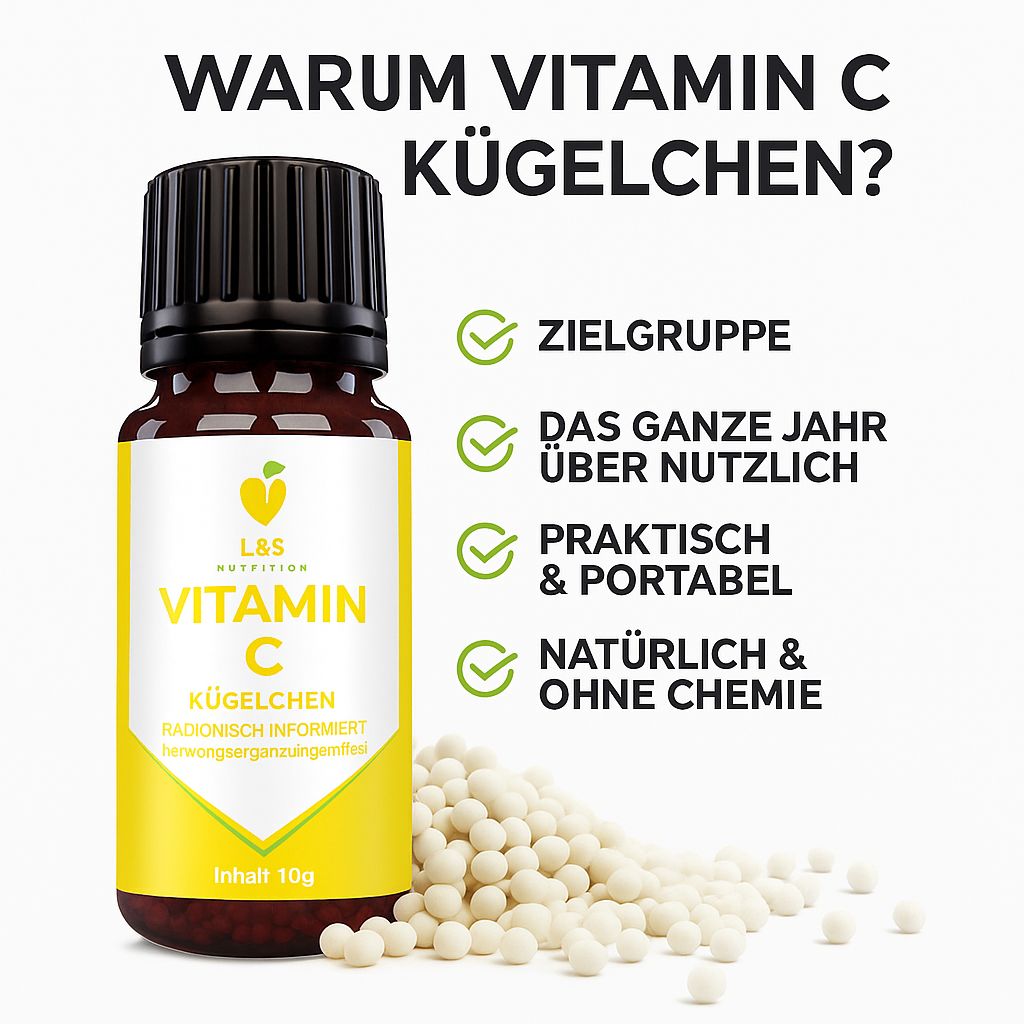 Flacone di vetro marrone con tappo nero ed etichetta gialla. Scritta: Vitamin C Kügelchen. Piccole sfere bianche accanto.