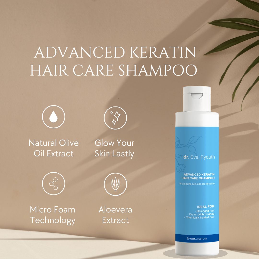 Flacone di shampoo con etichetta blu. Testo: Advanced Keratin Hair Care Shampoo. Ingredienti: olio d'oliva, aloe vera. Ideale per capelli colorati.