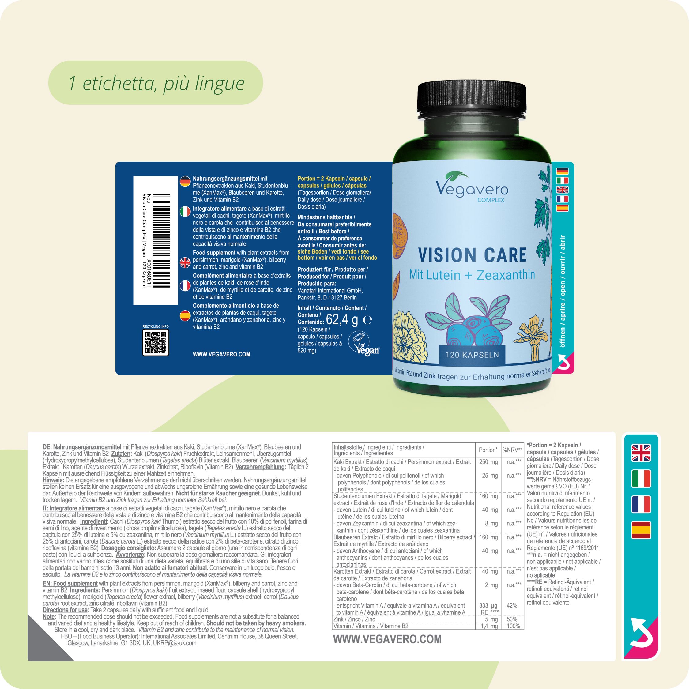 Etichetta e flacone Vegavaro Vision Care Complex con informazioni nutrizionali e ingredienti.