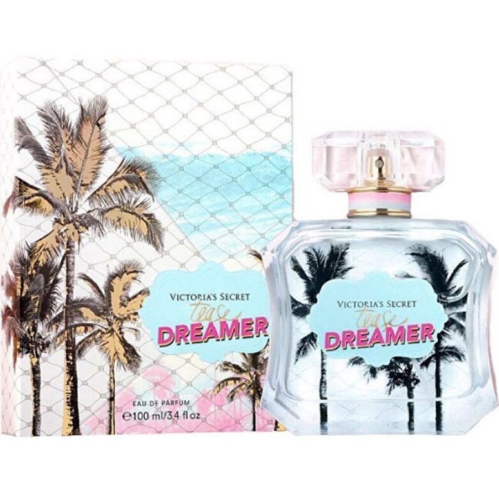 Victoria's Secret Tease Dreamer Eau De Parfum, flacone e confezione. Design palme, etichetta azzurra con testo rosa. E 100 ml/3.4 fl oz.