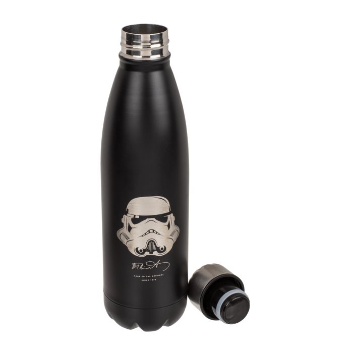 Borraccia nera con motivo Stormtrooper. Tappo accanto. Tappo argentato. Acciaio inossidabile.