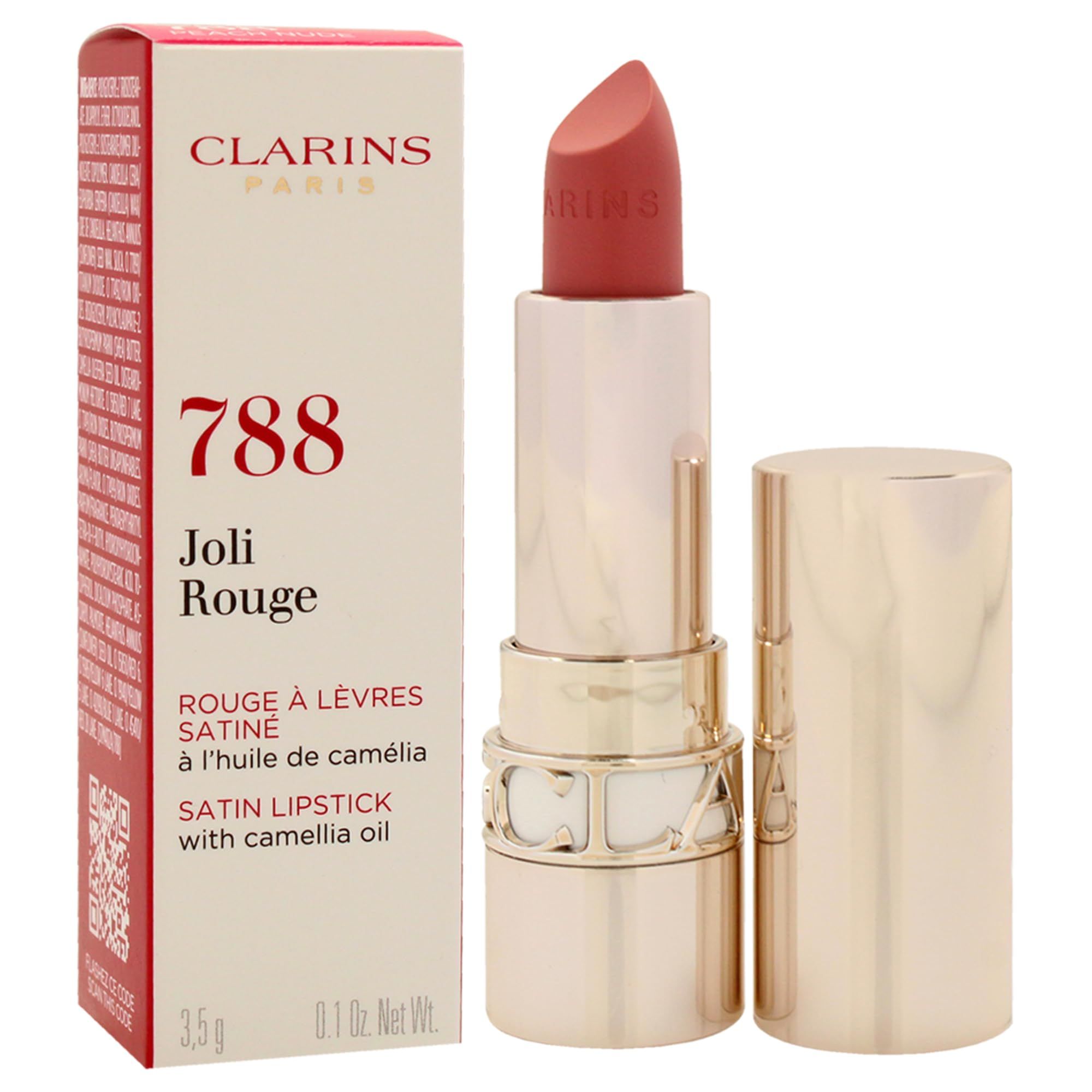 Rossetto e confezione. Sulla confezione sono indicati Clarins, 788, Joli Rouge, Rouge à Lèvres Satiné. Il rossetto è rosso-marrone.
