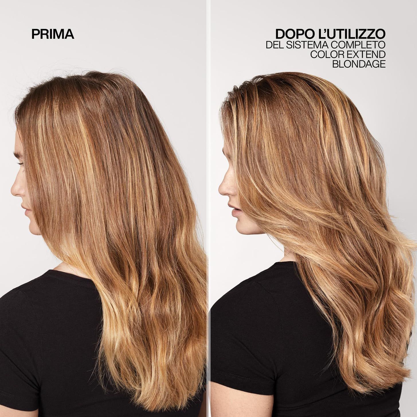 Confronto prima-dopo di capelli biondi. A sinistra: prima. A destra: dopo. Capelli più chiari e lisci.
