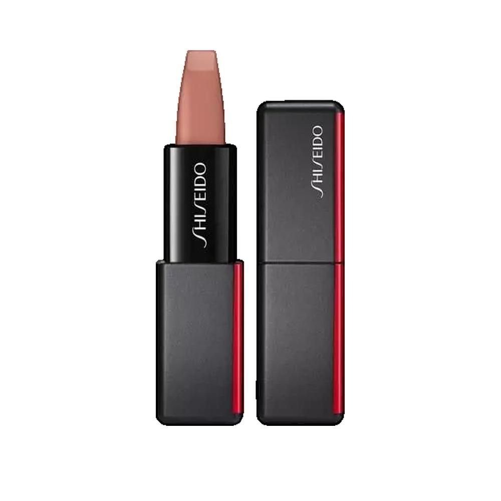 Rossetto Shiseido Modern Matte 506, astuccio nero, linea rossa. Rossetto aperto, punta beige visibile. Scritta "SHISEIDO".