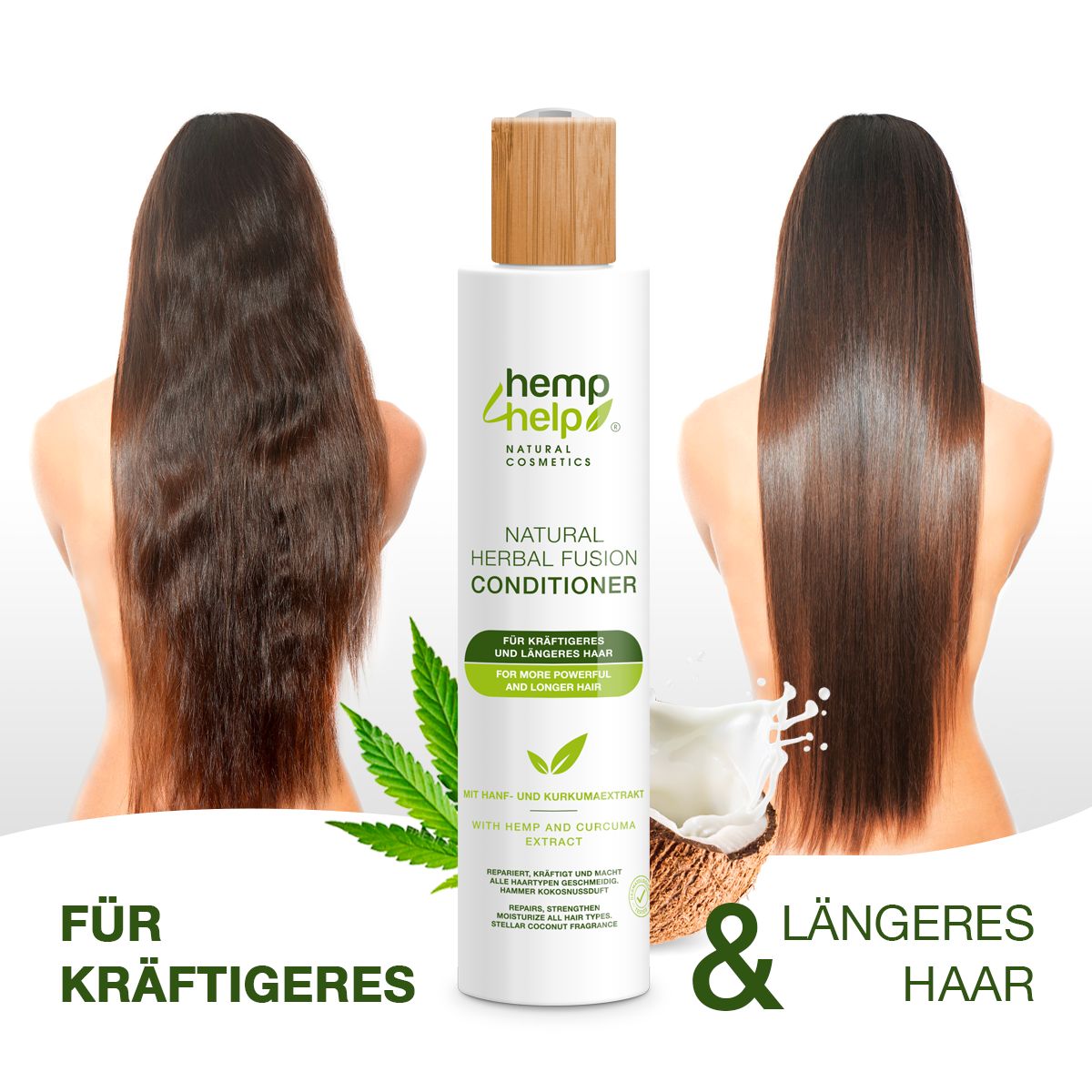 Flacone di balsamo. Capelli disordinati a sinistra, lisci a destra. Testo: Per capelli più forti e più lunghi.