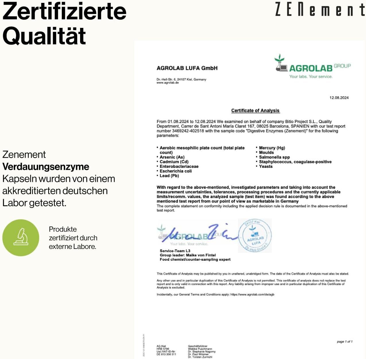 Documento di certificazione. Testo: Qualità certificata, Agrolab LUFA GmbH, Zenement Enzimi digestivi, testato in laboratorio.