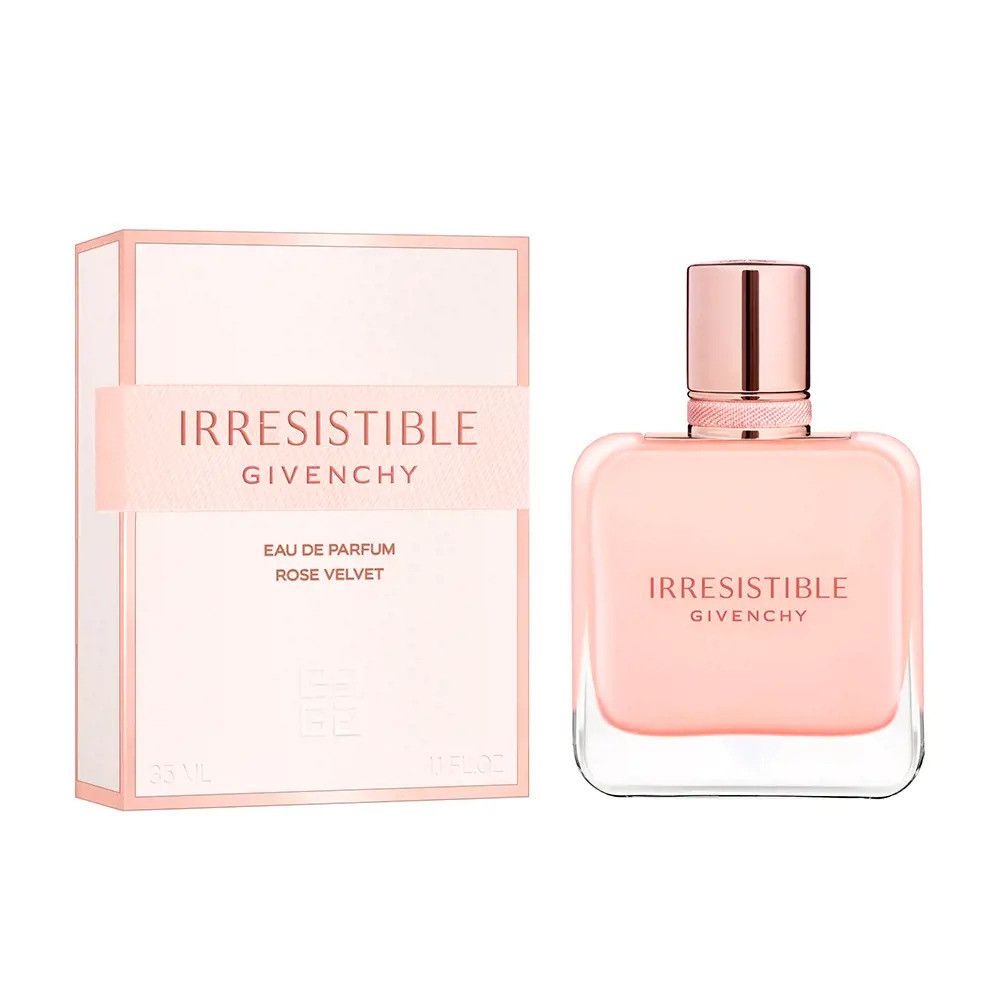 Flacone e confezione di profumo rosa. Scritta: Irresistible Givenchy, Eau de Parfum Rose Velvet. Flacone rettangolare con contenuto rosa.