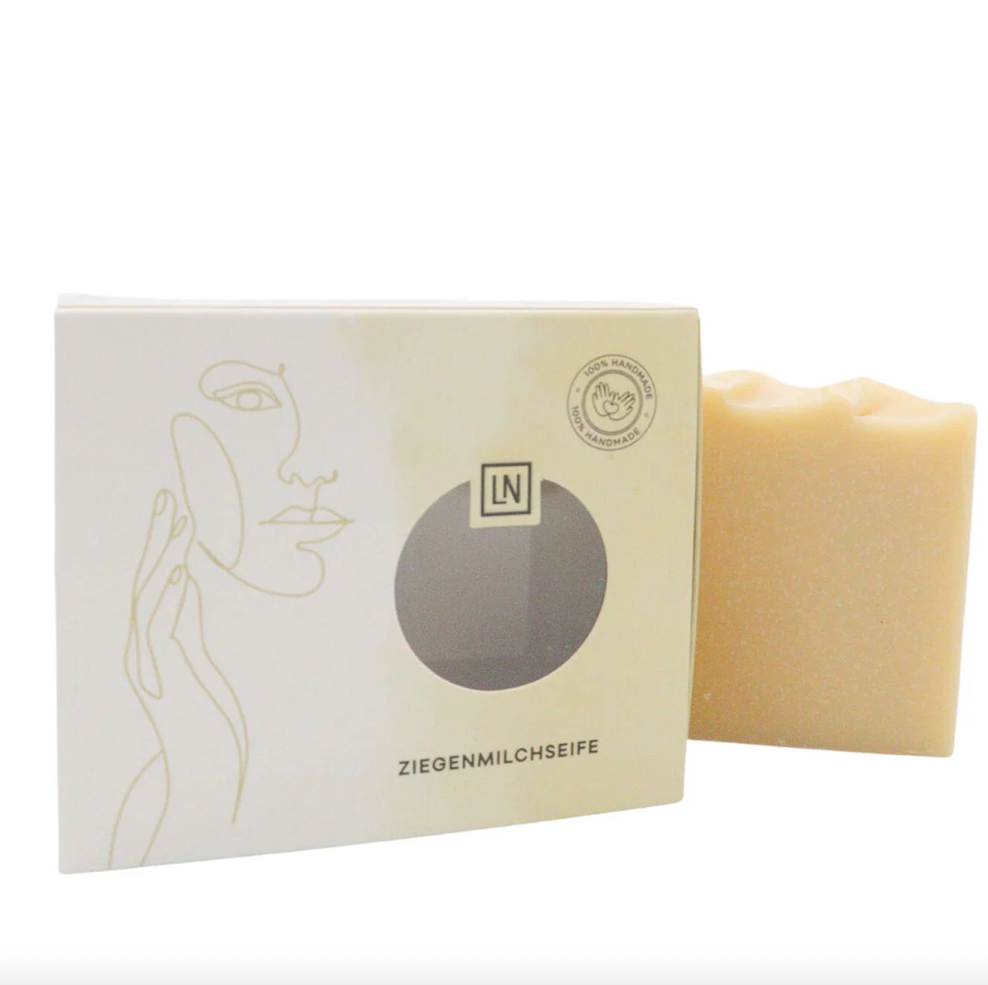 Scatola di sapone e sapone. Stampa: volto, logo LN, Ziegenmilchseife, 100% Handmade.