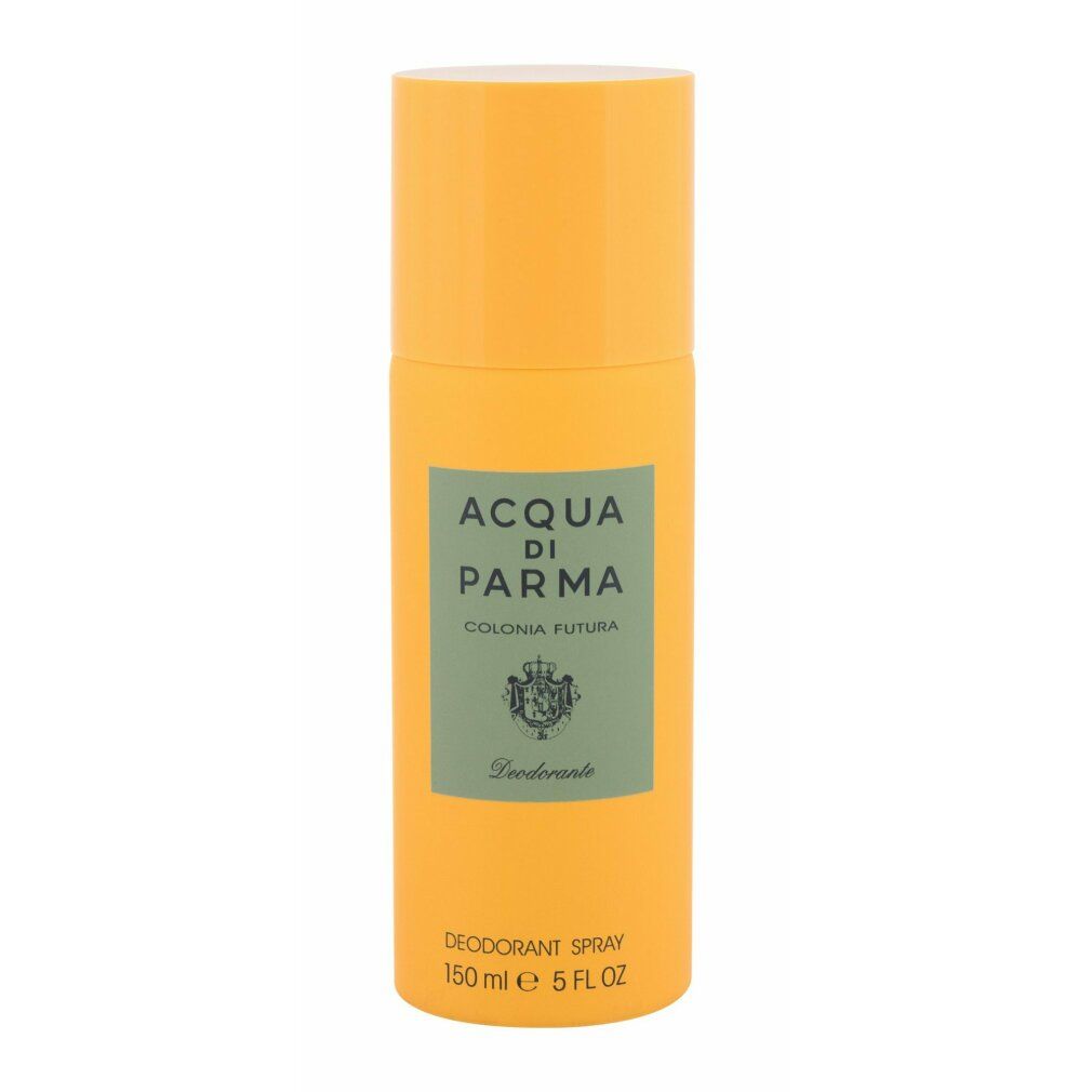 Bomboletta spray deodorante gialla. Scritta: Acqua di Parma Colonia Futura. Testo: Deodorante, 150 ml, 5 FL OZ.