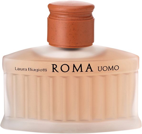 Flacone di profumo con tappo marrone. Scritta ROMA UOMO. Design scanalato. Liquido giallo chiaro.