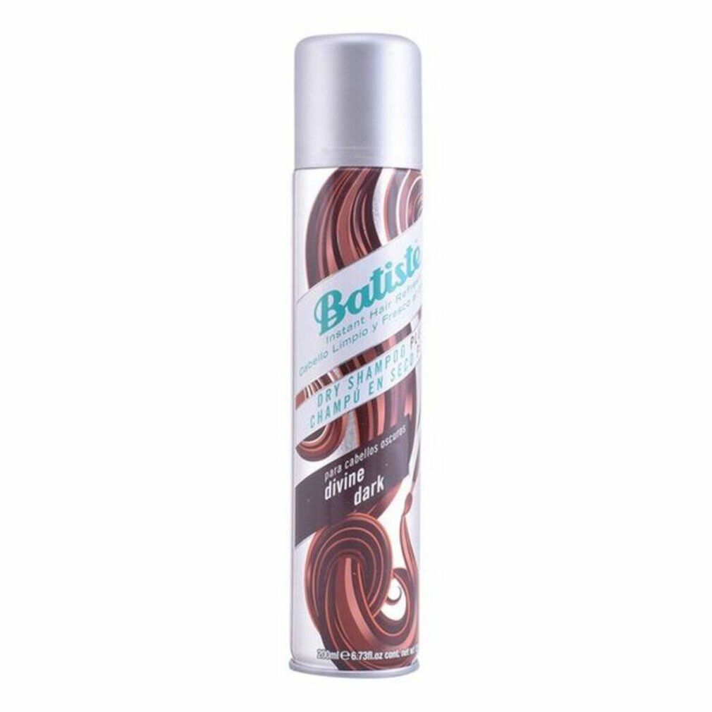 Batiste Shampoo Secco Dark. Flacone con riccioli marroni e testo. Tappo argentato.