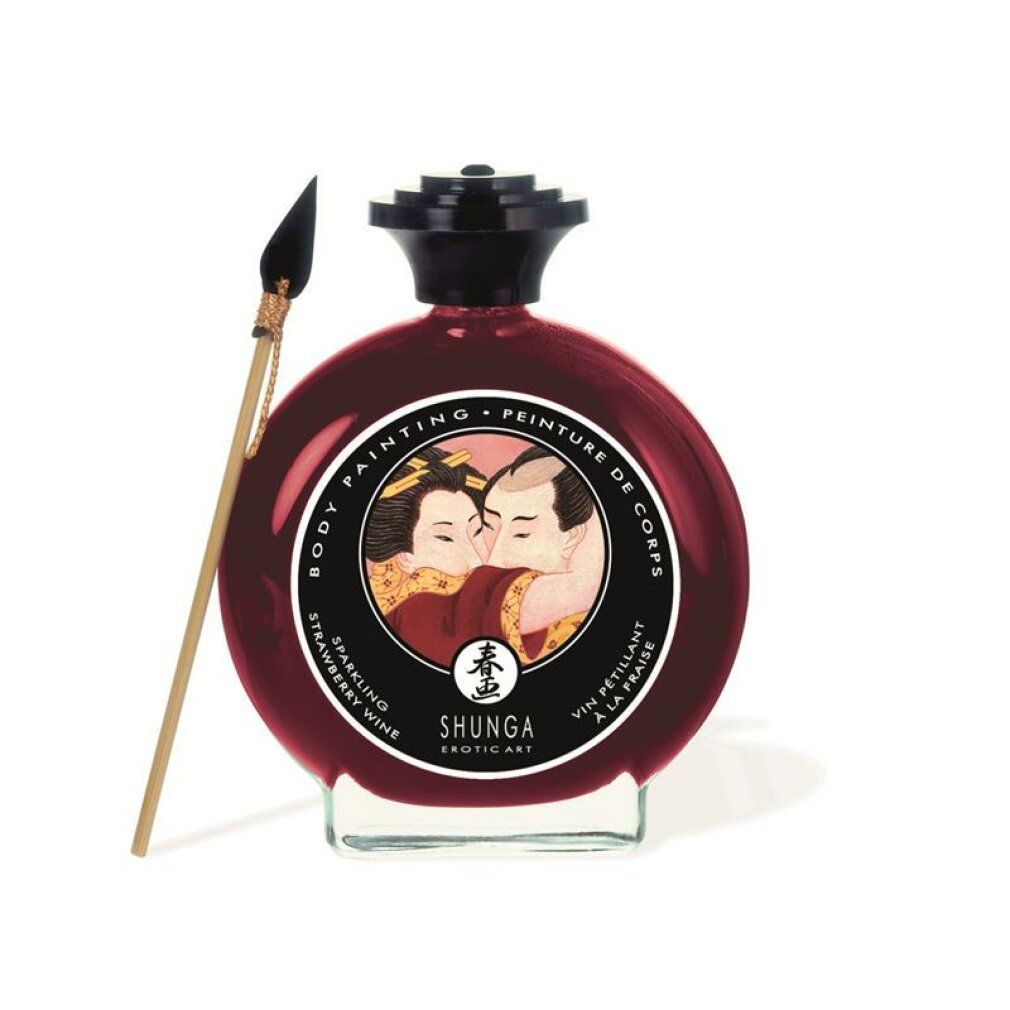 Flacone rotondo con liquido rosso, tappo nero ed etichetta. Pennello accanto. Scritta: Shunga, Body Painting.