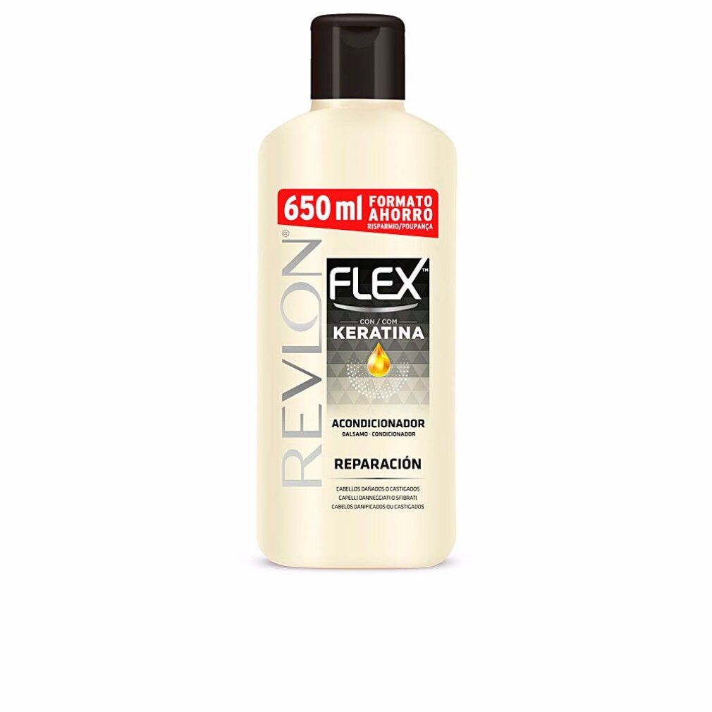 Flacone Revlon Flex Conditioner. Tappo nero, flacone crema. Scritte: Flex, Cheratina, 650 ml.