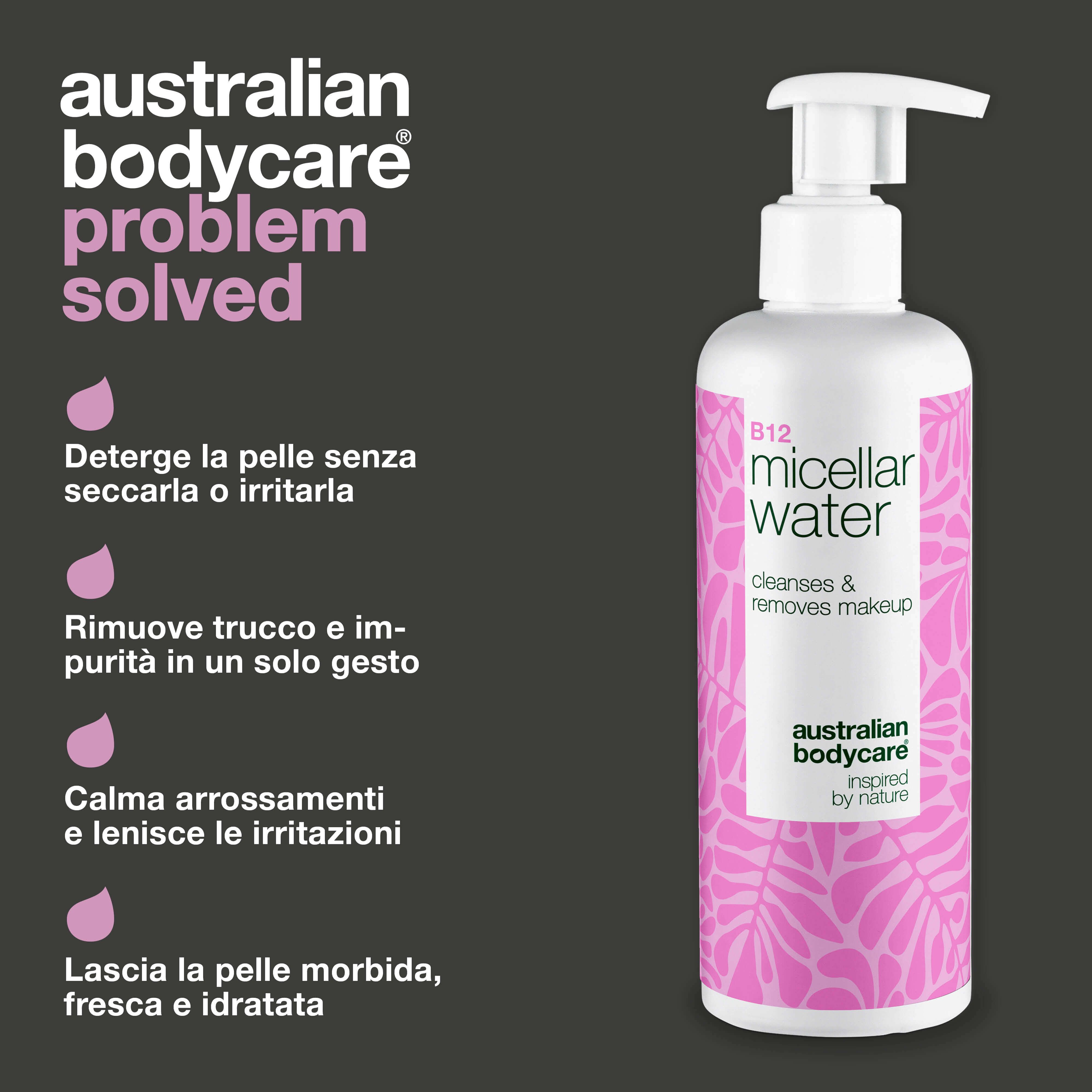 Flacone B12 Micellar Water. Testo: Deterge, rimuove trucco, calma, ammorbidisce. Marchio: Australian Bodycare.
