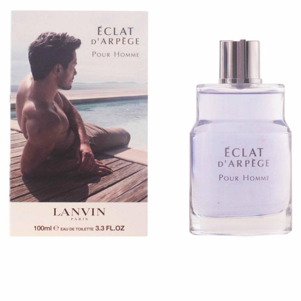 Flacone di profumo e confezione. Flacone azzurro chiaro, tappo argentato. Confezione con uomo a bordo piscina. Scritta: Éclat d'Arpège Pour Homme. LANVIN.