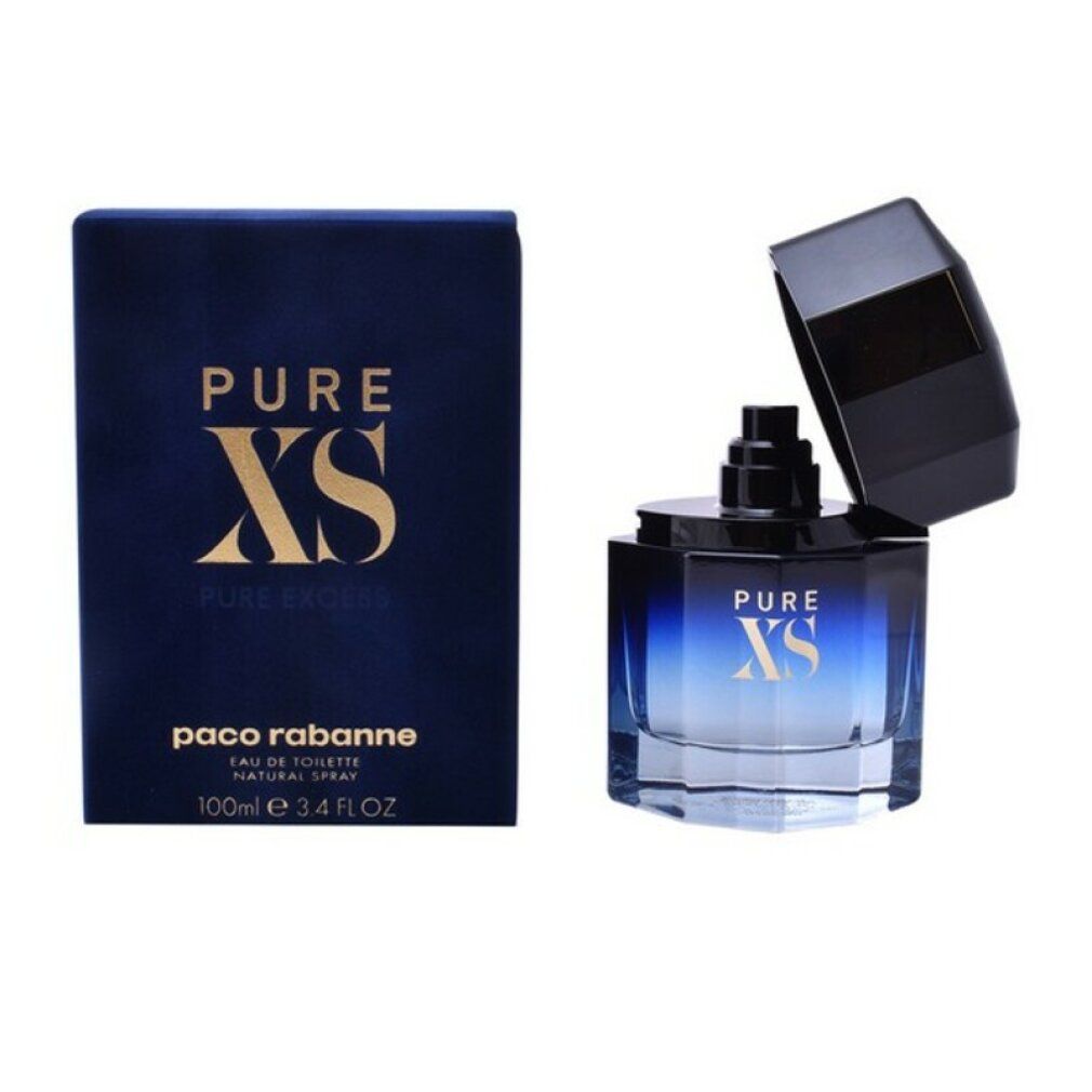 Flacone e confezione di Paco Rabanne Pure XS Eau de Toilette. Flacone blu sfumato, tappo nero. Confezione blu scuro.
