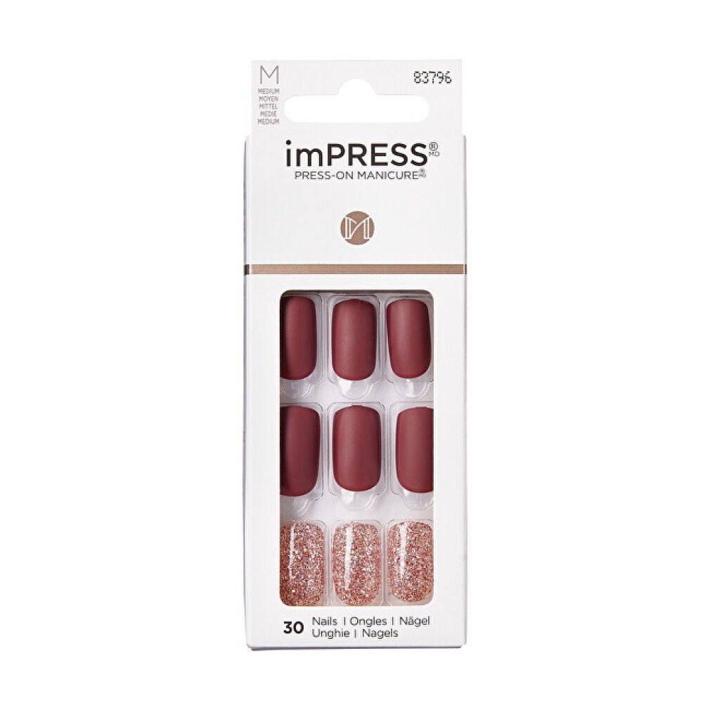 Confezione di unghie finte. All'interno unghie bordeaux opache e unghie glitterate. Marchio: imPRESS.