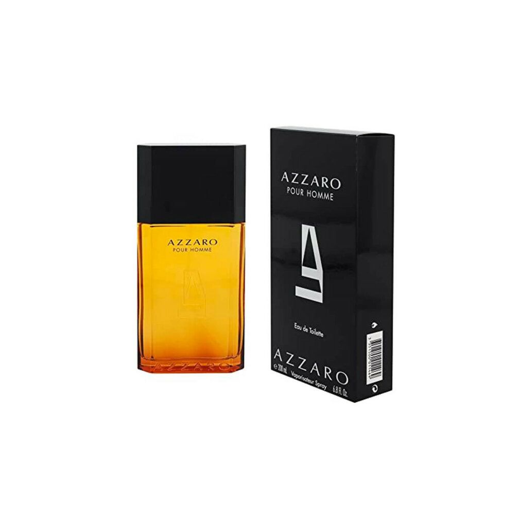 Azzaro Pour Homme Eau de Toilette Spray. Flacone e scatola. Flacone con liquido giallo. Scatola nera.