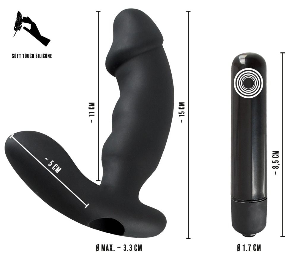 Vibratore nero a forma di pene e vibratore nero separato. Dimensioni indicate.