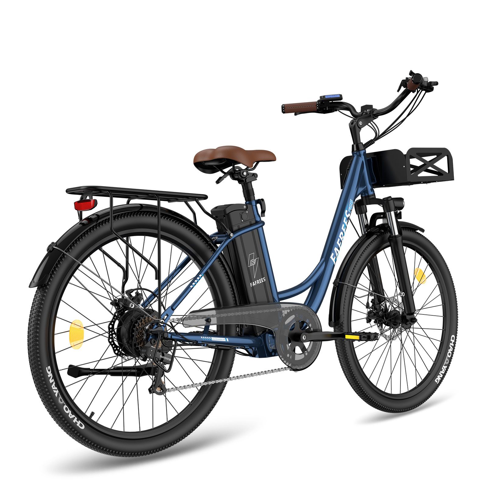 E-bike blu con sella marrone, portapacchi e cestino. Marchio FAFREES.