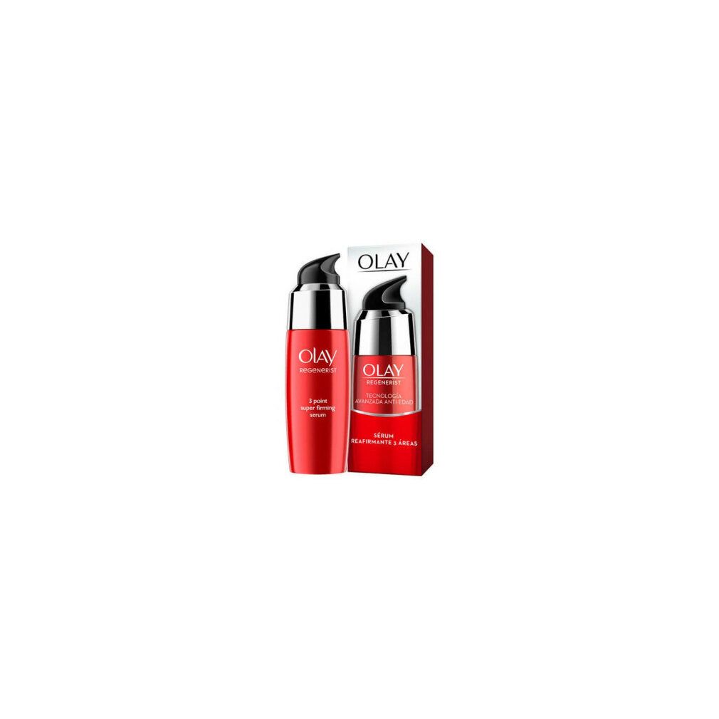 Due flaconi di siero rosso con pompe argentate e confezione. Logo Olay Regenerist e testo.
