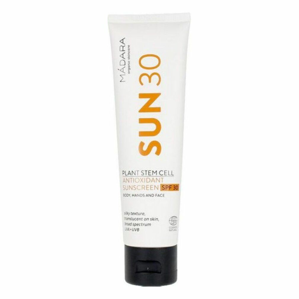 Tubo bianco con tappo nero. Scritta SUN30 e Madara. Testo: Plant Stem Cell Antioxidant Sunscreen SPF30. Per corpo, mani e viso.