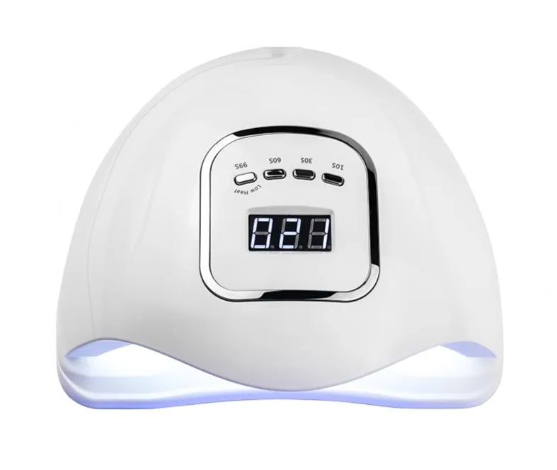 Lampada LED bianca per unghie, display digitale e pulsanti. Vista dall'alto, sorgente luminosa blu.