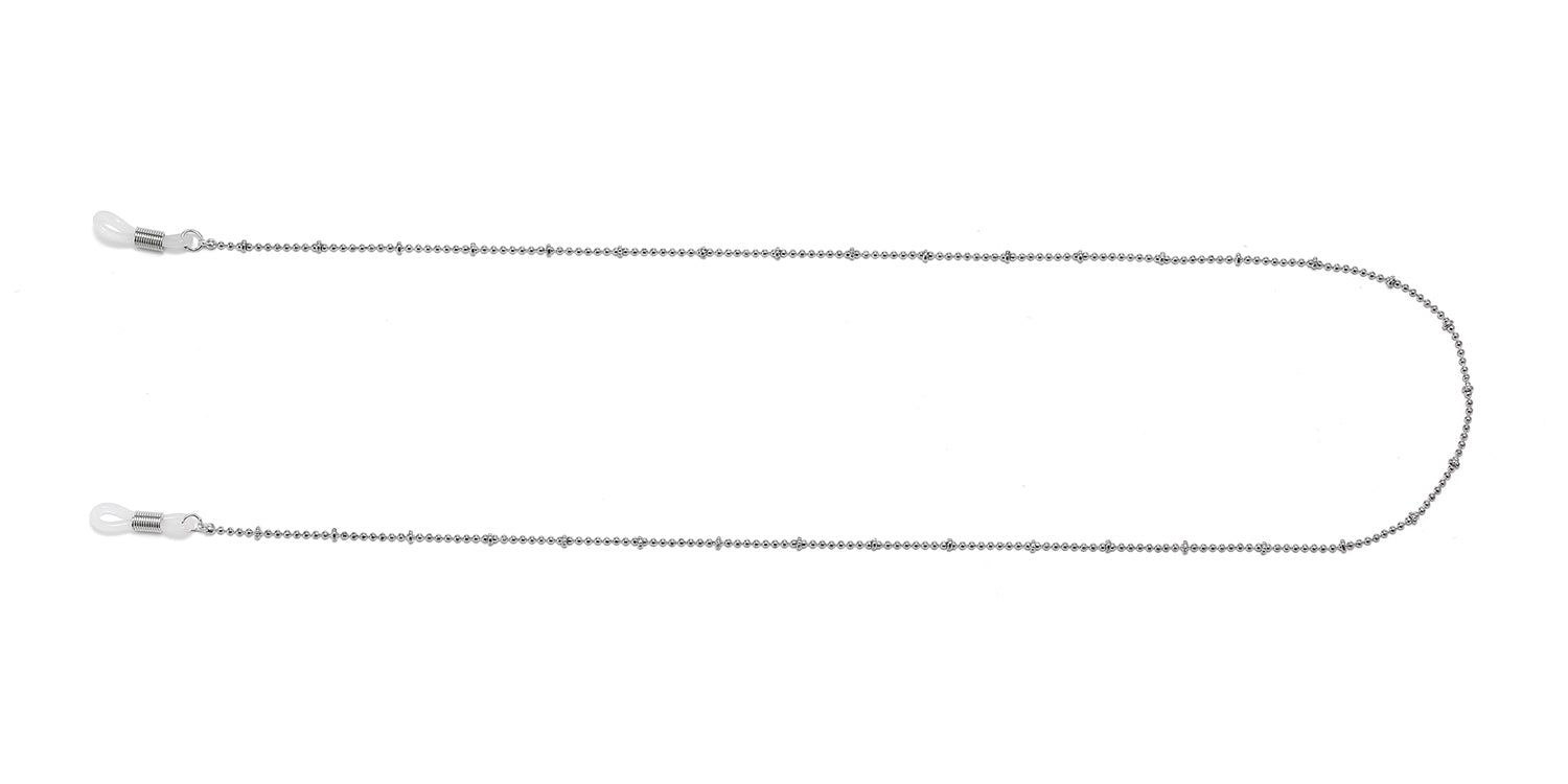 Catena per occhiali color argento, con elementi a sfera e catena. Estremità con anelli per aste.