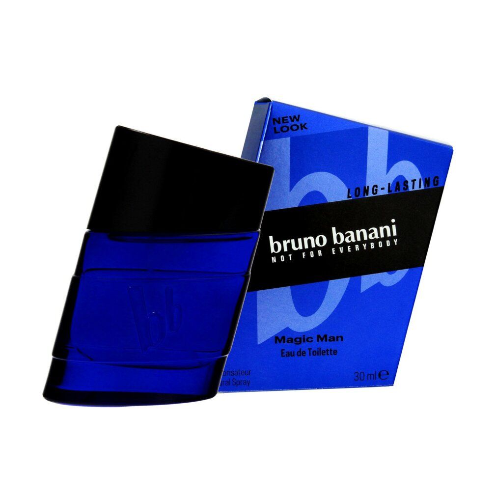 Flacone blu e scatola. Scritta: bruno banani, Magic Man Eau de Toilette. Testo "NEW LOOK" e "LONG-LASTING".
