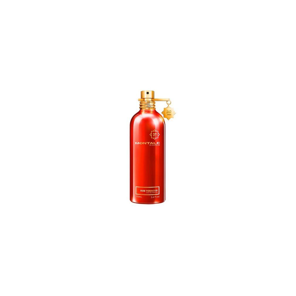 Flacone rosso con tappo dorato. Scritta: Oud Tobacco, Eau de Parfum. Flacone su sfondo bianco.