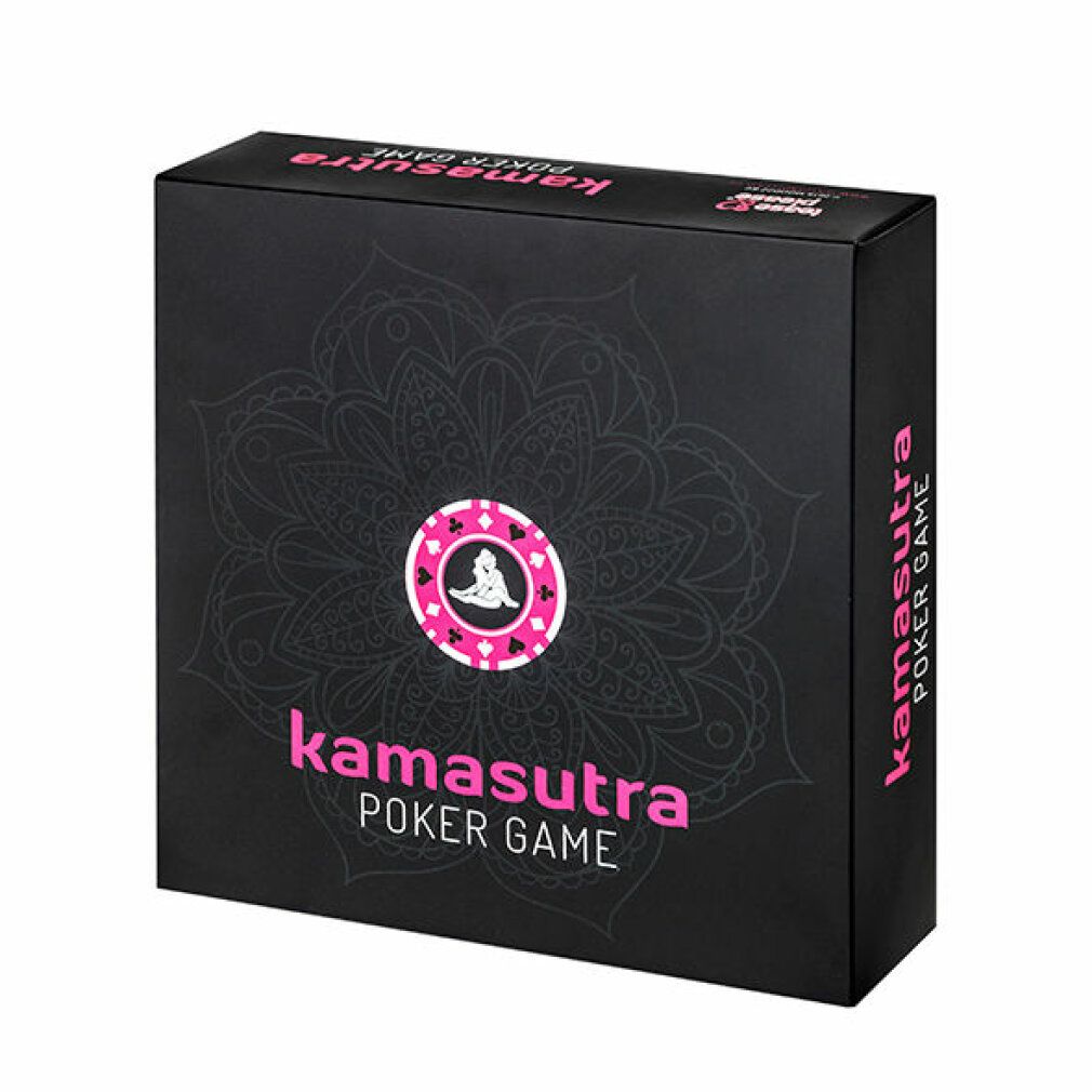 Scatola nera con logo rosa "Kamasutra Poker Game". Design mandala e illustrazione di chip da poker.