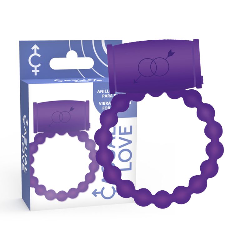 Anello vibrante viola con perline e accessorio. Confezione con immagine del prodotto e scritta Casual Love.