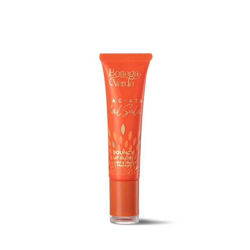 Bottega Verde Bouncy Lip Gloss. Tubo arancione con testo dorato. Nome prodotto: Baciata dal Sole. Bouncy Lip Gloss.