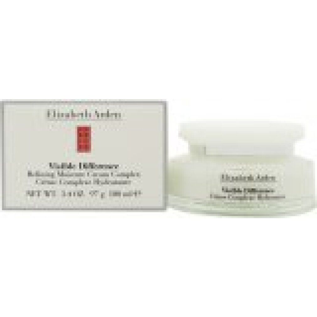 Vaso di crema e scatola. Scritta: Elizabeth Arden Visible Difference Refining Moisture Creme Complex. Confezione bianca.