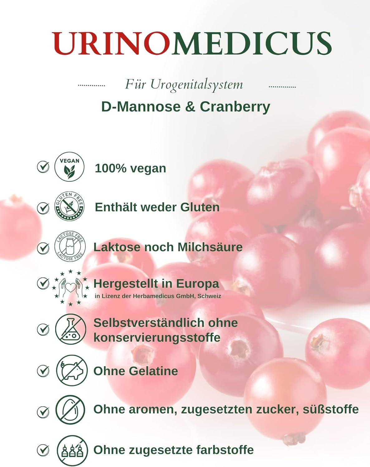 Infografica con loghi e testo. Loghi: vegano, senza glutine, senza lattosio, prodotto in Europa. Testo: D-Mannosio e Mirtillo rosso.