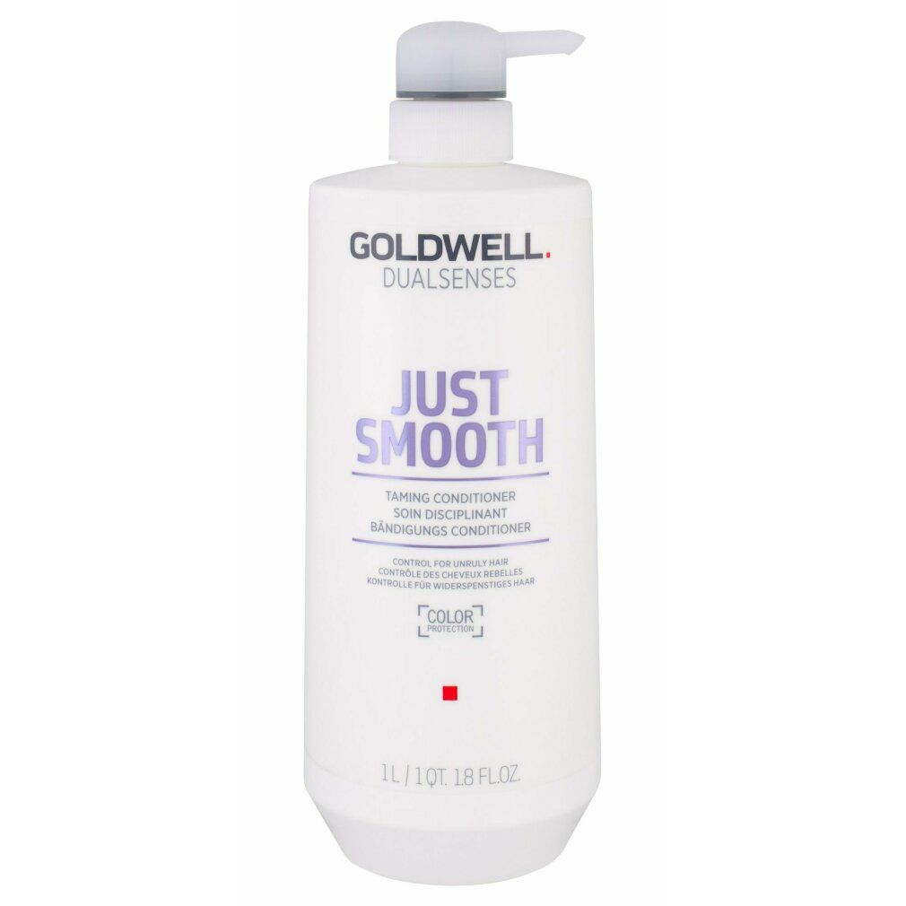 Conditioner Goldwell Dualsenses Just Smooth. Flacone bianco con dosatore. Nome e logo visibili.