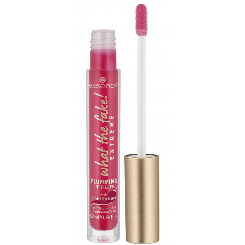 Tubo di lucidalabbra con applicatore aperto. Contenuto rosa, applicatore bianco. Tappo dorato. Scritta: What The Fake! Extreme.
