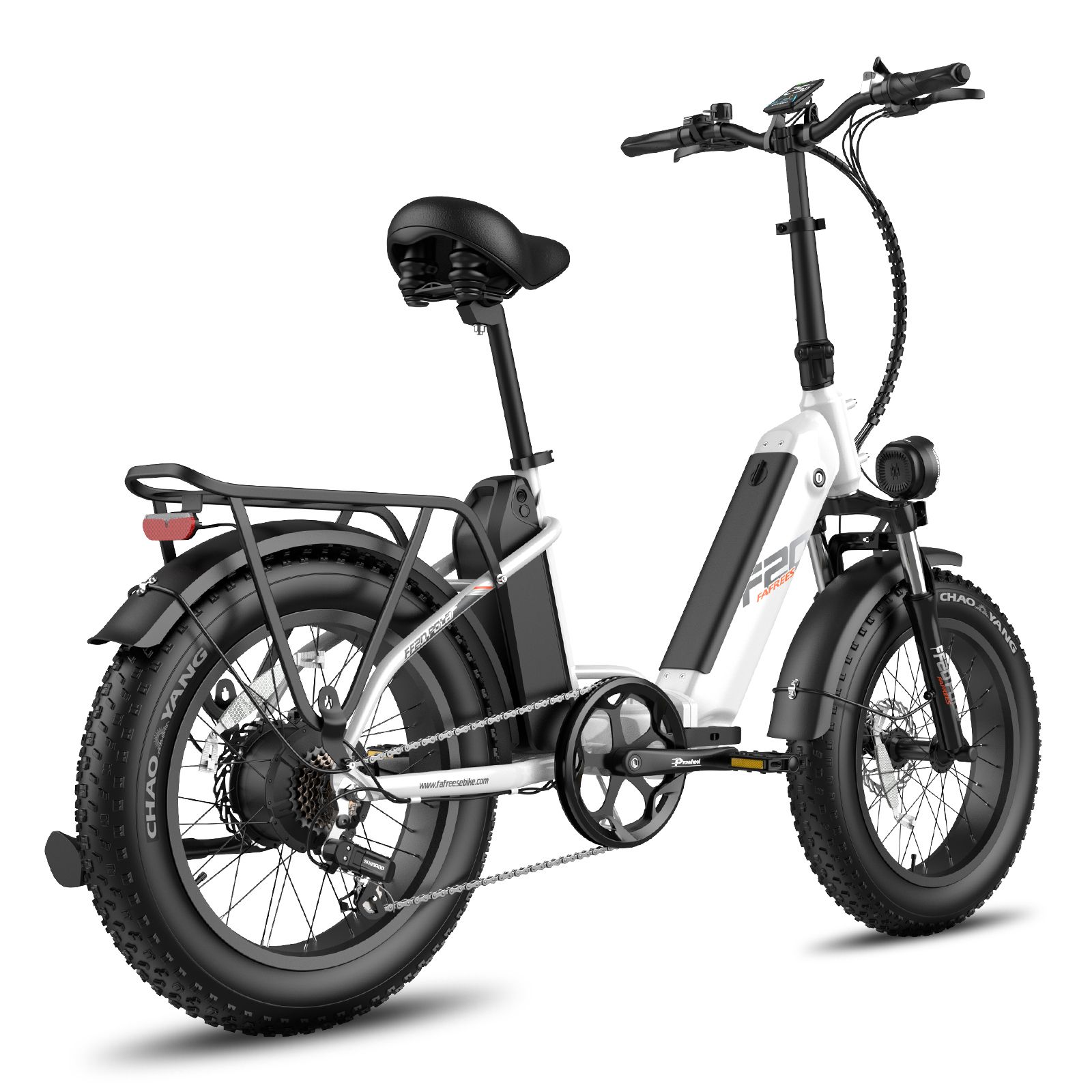 E-bike pieghevole bianca. Pneumatici neri, portapacchi. Logo F20 visibile. Sella e manubrio neri.