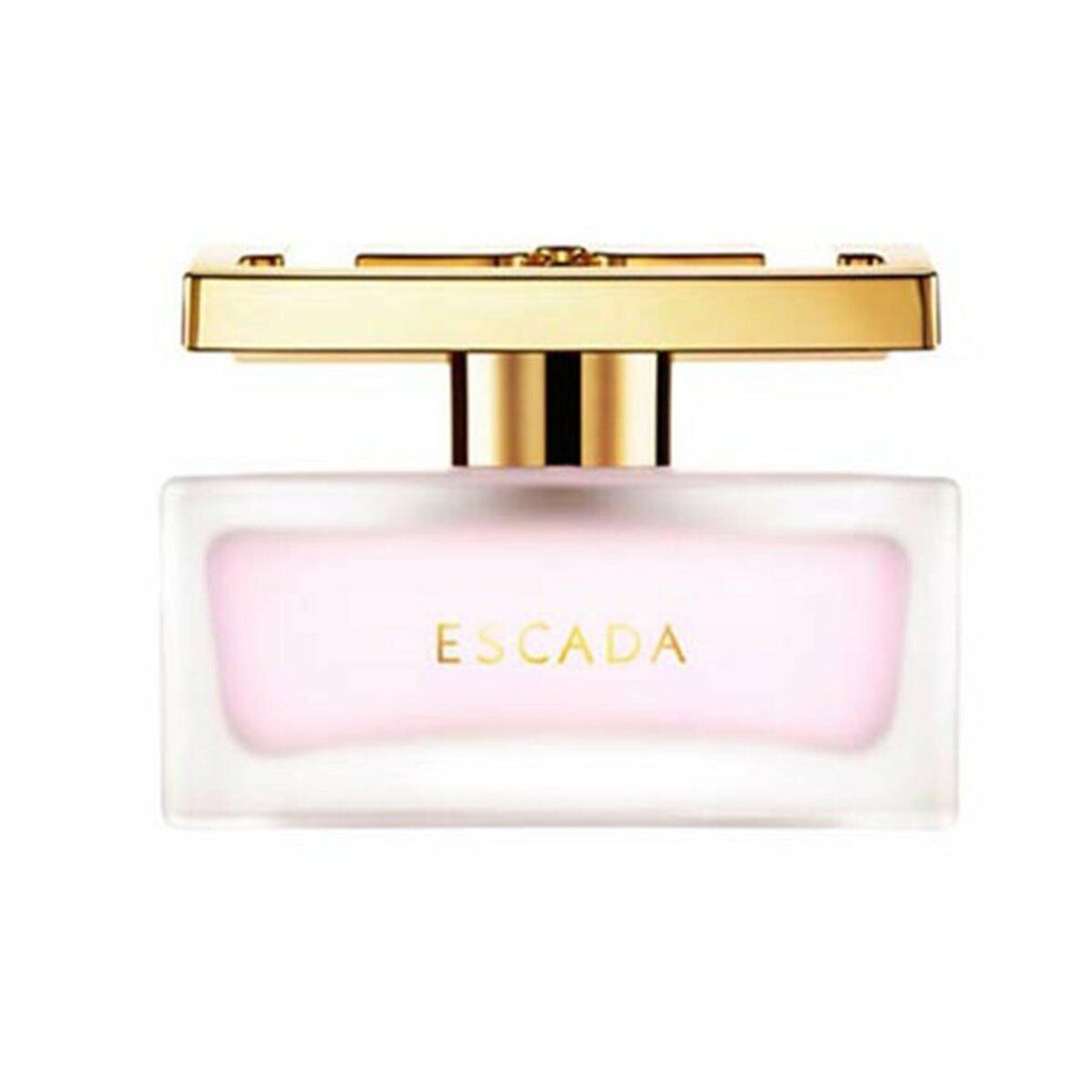 Flacone rosa con tappo dorato. Scritta: ESCADA. Forma rettangolare.