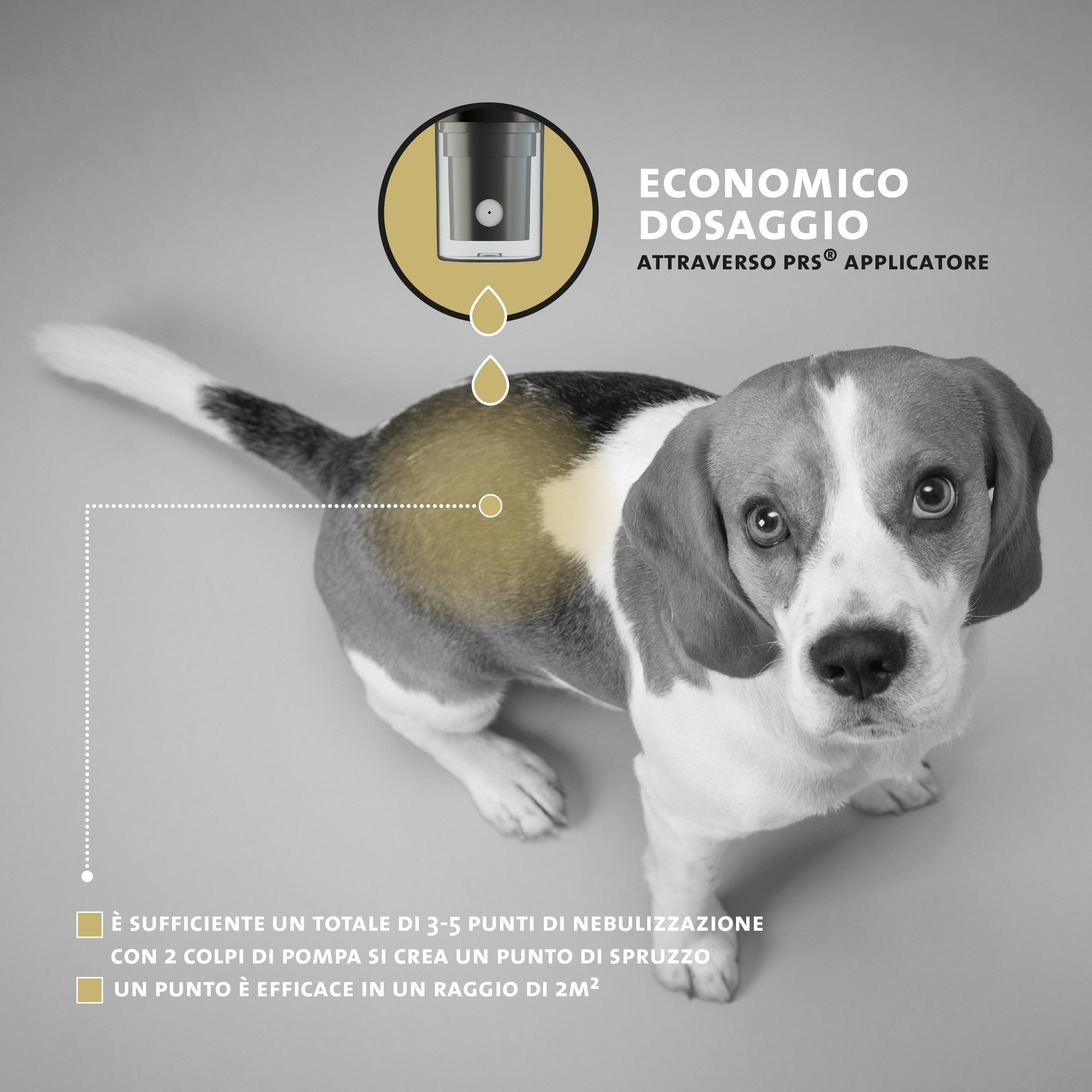 Cane con zona gialla. Testo: Dosaggio economico tramite applicatore spray PRS.